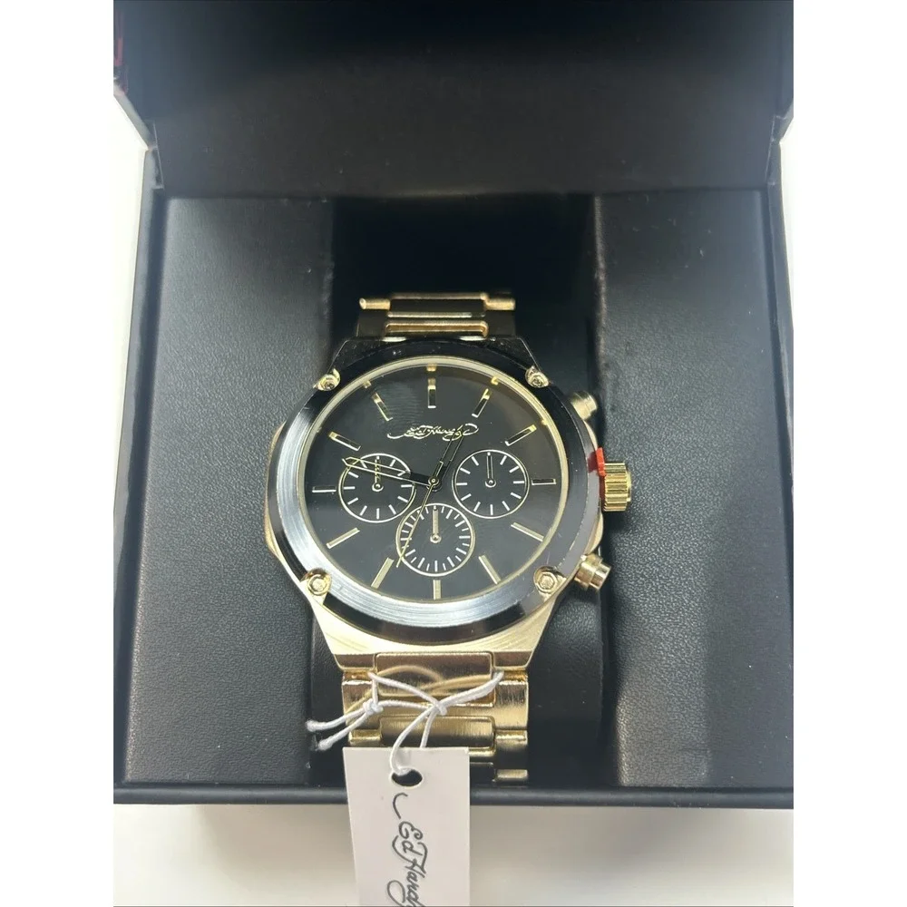 NIB Ed Hardy Men's Gold Tone Chronograph Watch Black Dial ($95 Retail)